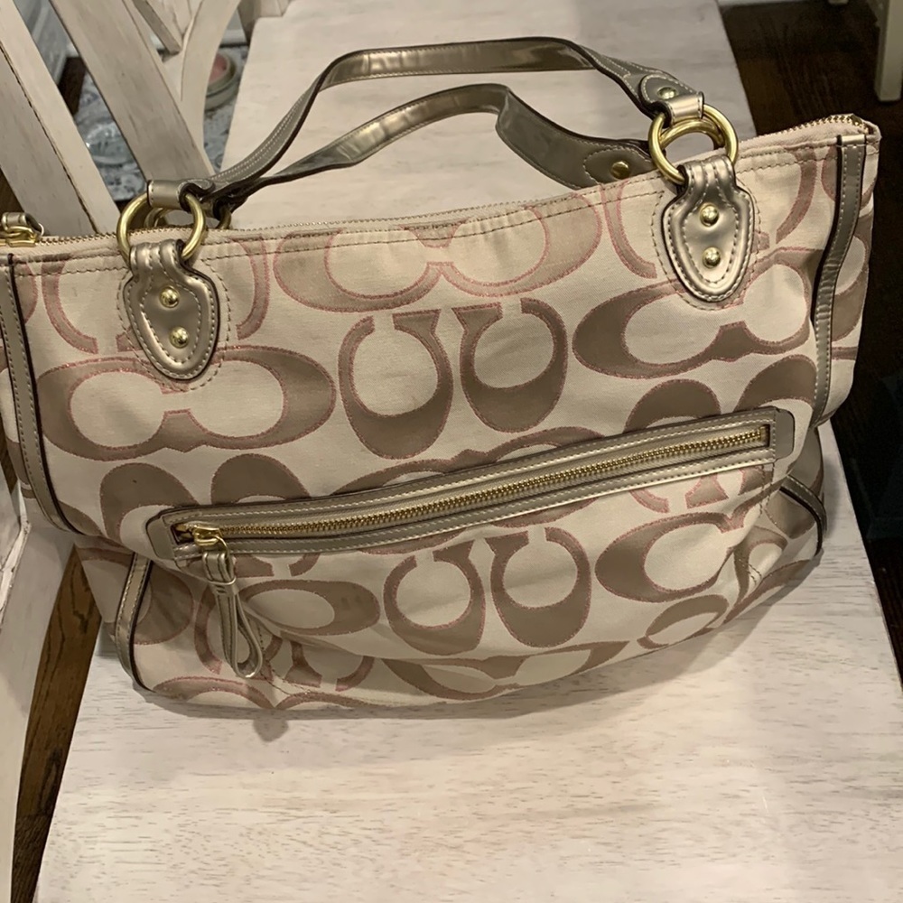 Coach Poppy Metallic Signature Shoulder Bag in Tan and Pink in GUC.